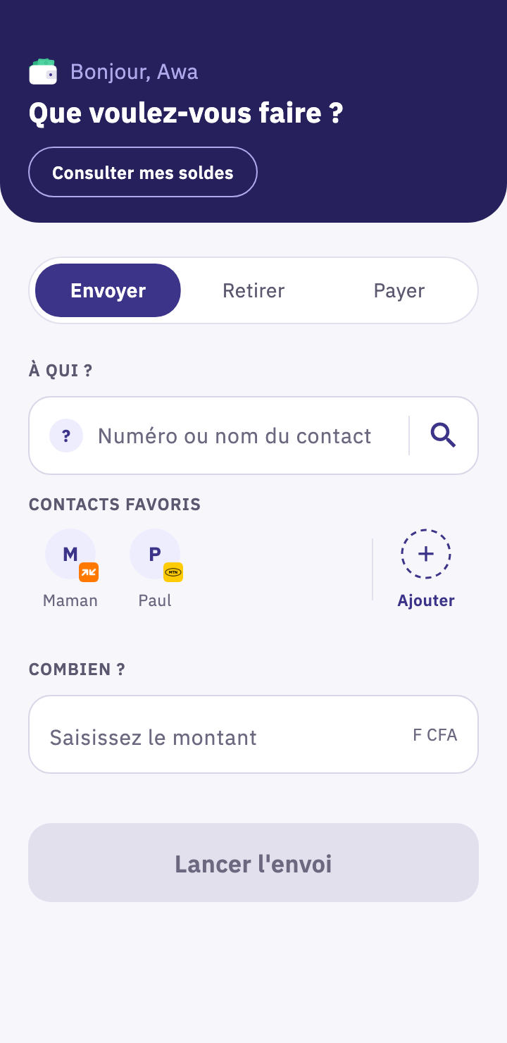 L'accueil de LeCoCash : envoyer, retirer, payer